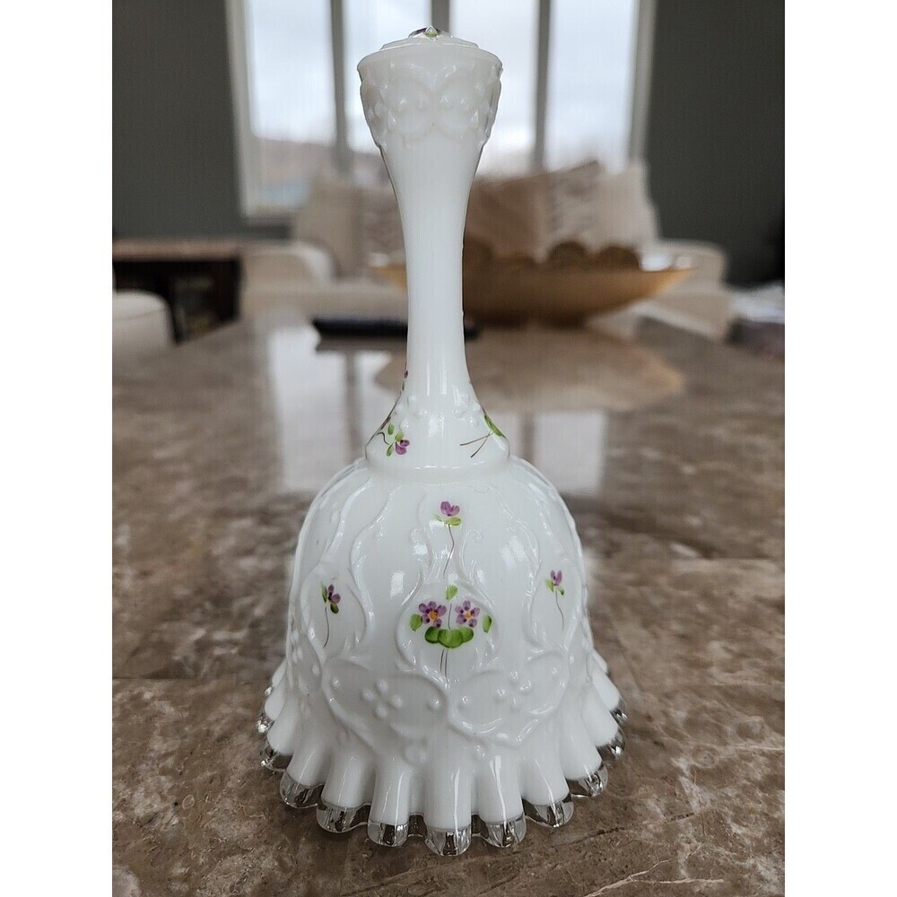 Vtg Fenton Violets In the Snow  On Spanish Lace, Silver Crest Bell Signed